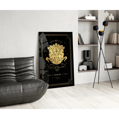 Gold-embossed Gemini glass wall art with celestial design