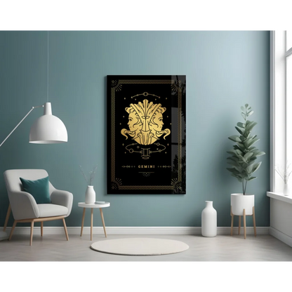 Stunning Gold Gemini Glass Wall Art with Celestial Design | Contemporary Home Wall Art | vintageantiquesgifts.com