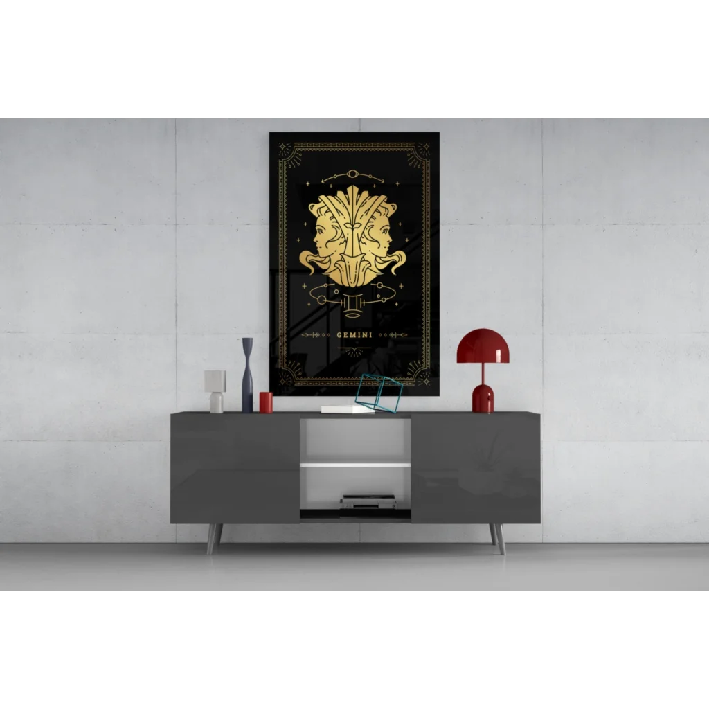 Stunning gold Gemini glass wall art with twin constellation heads