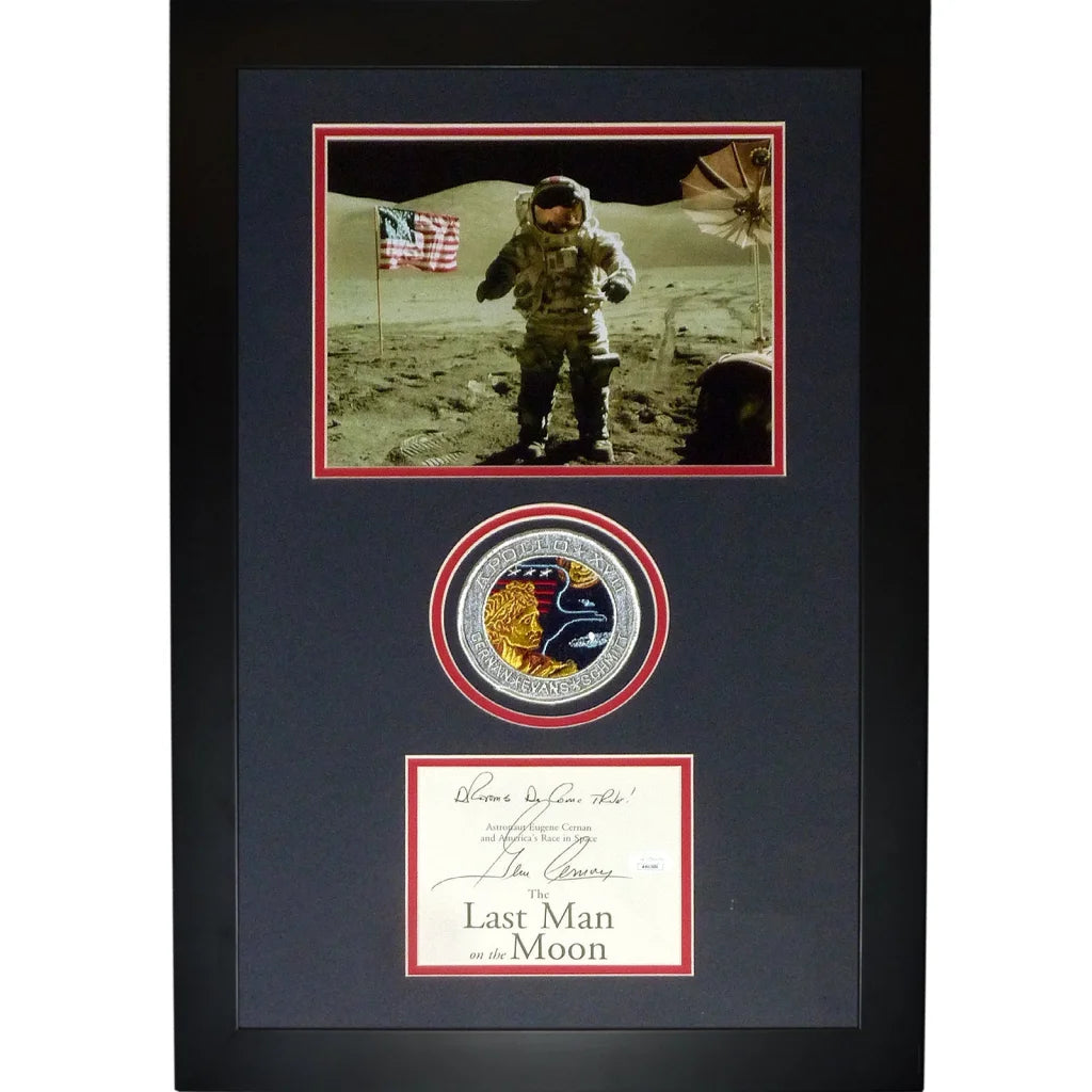 Gene Cernan autographed deluxe framed astronaut piece with Apollo XVII patch