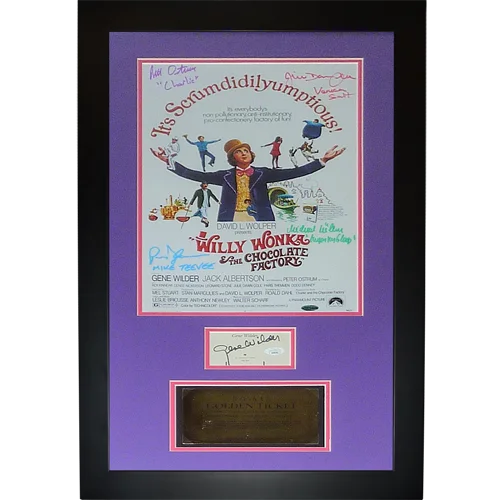 Signed Willy Wonka movie poster in purple frame with chocolate bar