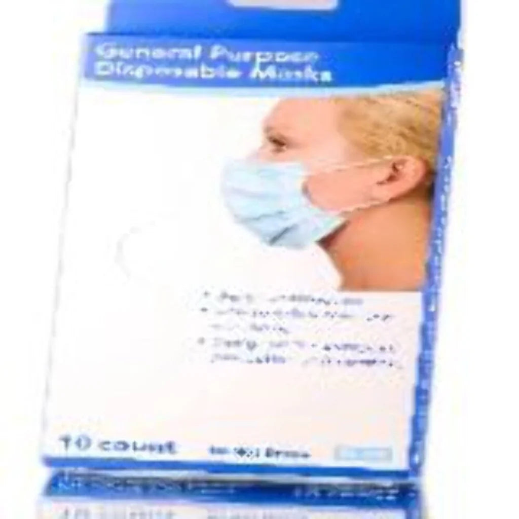 Blue and white box of general purpose disposable face masks with light blue mask on blonde