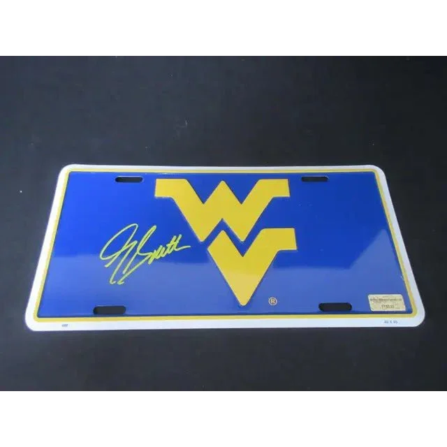 Blue and yellow West Virginia Mountaineers license plate with Geno Smith signed signature and COA