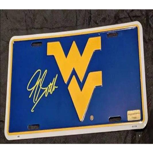 Blue and gold West Virginia University license plate with signature from Geno Smith Signed West Virginia memorabilia