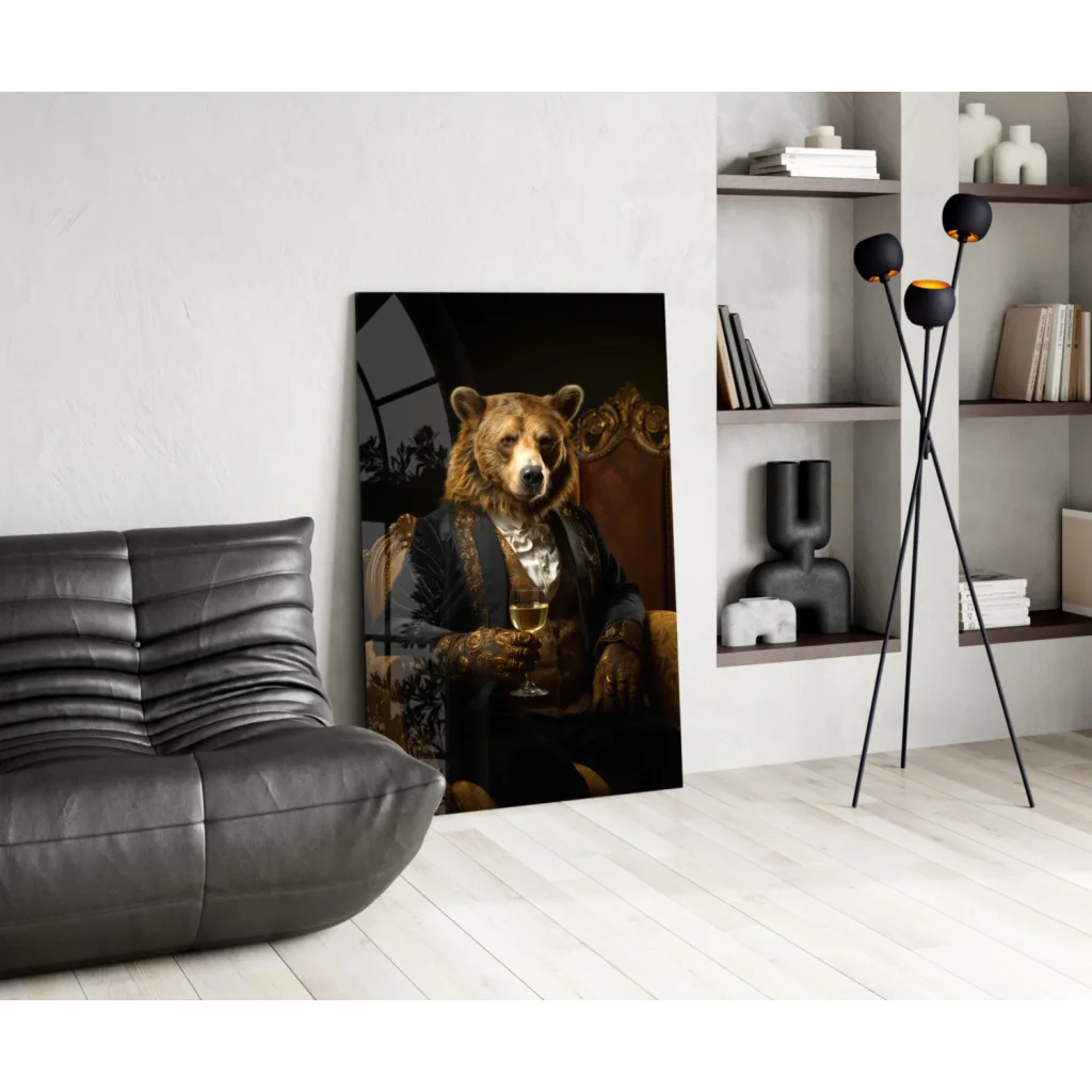 Elegant brown bear in formal attire with wine glass wall art