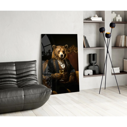 Elegant brown bear in formal attire with wine glass wall art