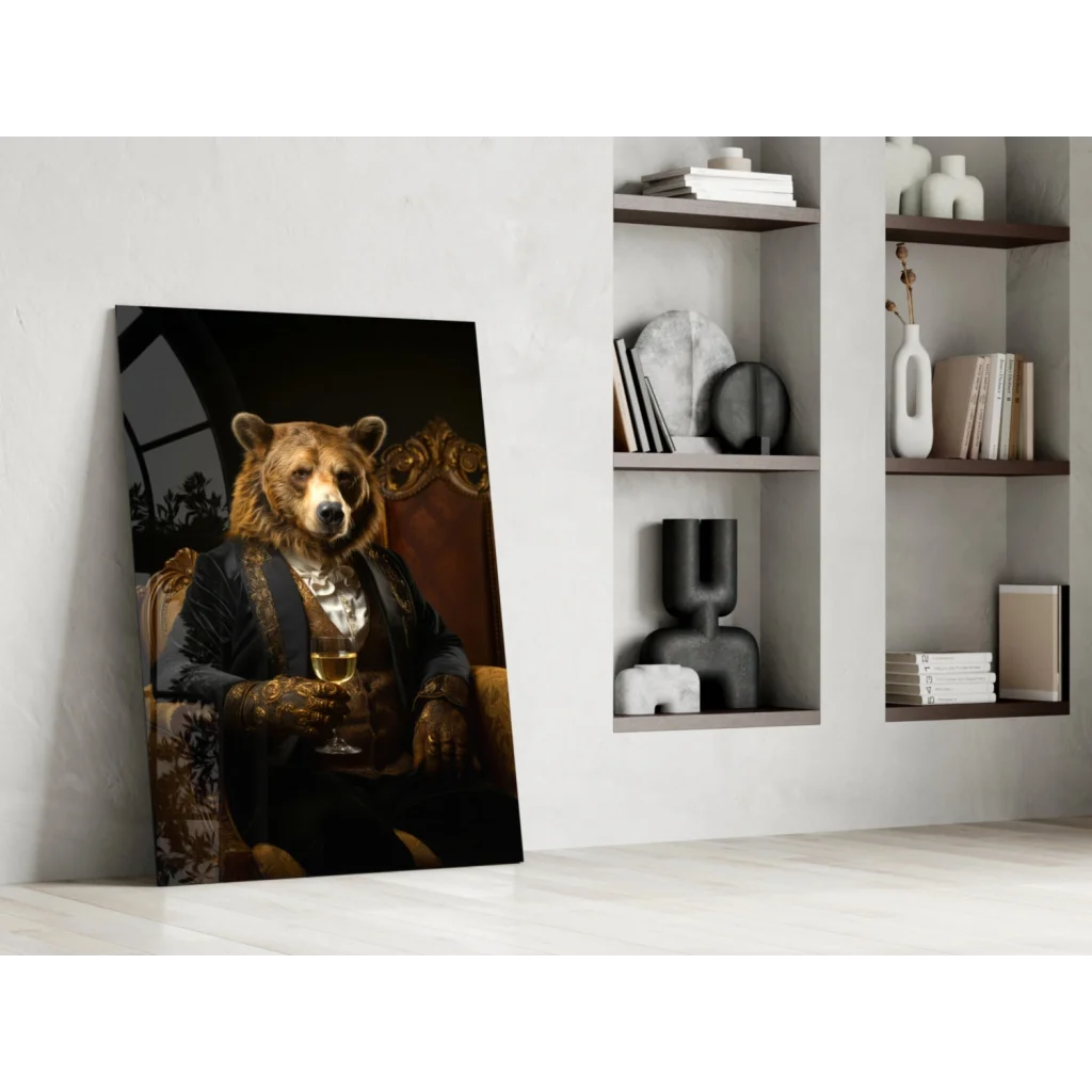 Regal bear in ornate suit with wine glass, gold velvet wall art portrait
