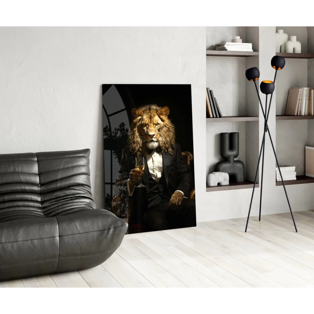 Elegant black-and-gold lion glass wall art print on display