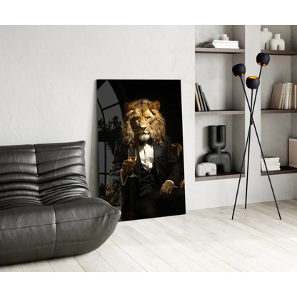 Elegant black-and-gold lion glass wall art print on display