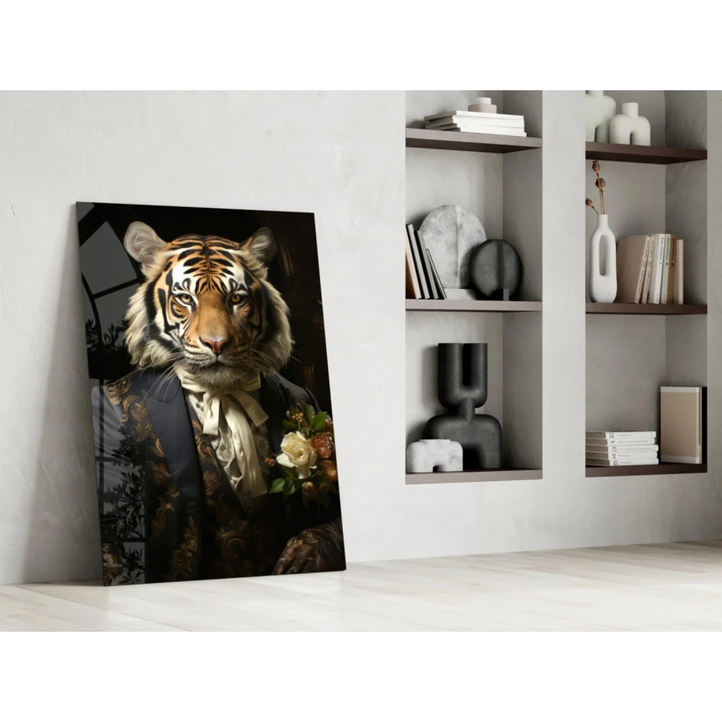 Dapper tiger in suit canvas wall art holding white rose