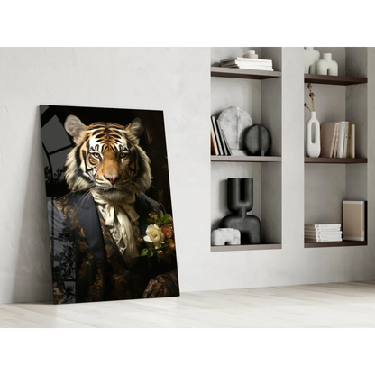 Dapper tiger in suit canvas wall art holding white rose