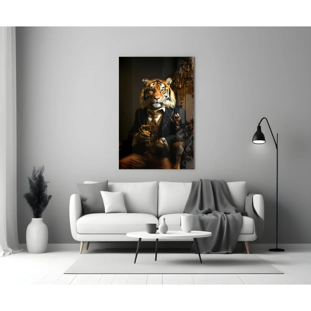 Dapper Tiger in Suit Canvas Wall Art with Wine Glass | Modern Wall Art Decor | vintageantiquesgifts.com