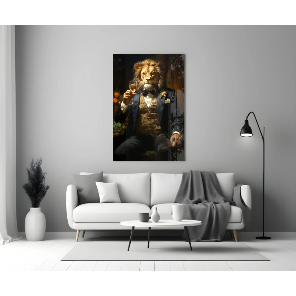 Dapper Lion in Suit Holding Glass Wall Art Canvas Print | Modern Wall Art Decor | vintageantiquesgifts.com