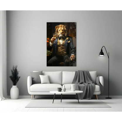 Dapper Lion in Suit Holding Glass Wall Art Canvas Print | Modern Wall Art Decor | vintageantiquesgifts.com