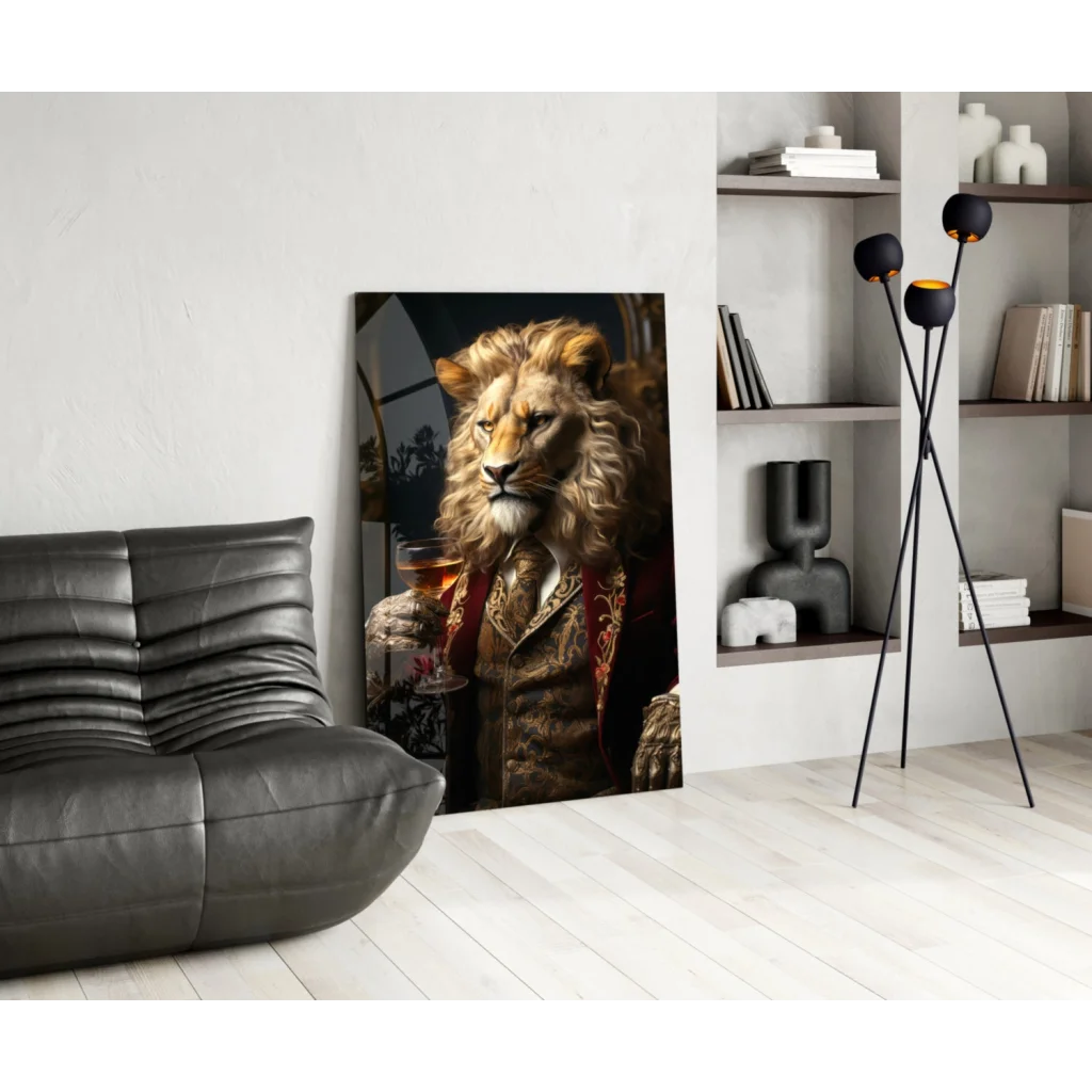 Regal lion in suit wall art portrait with wine glass