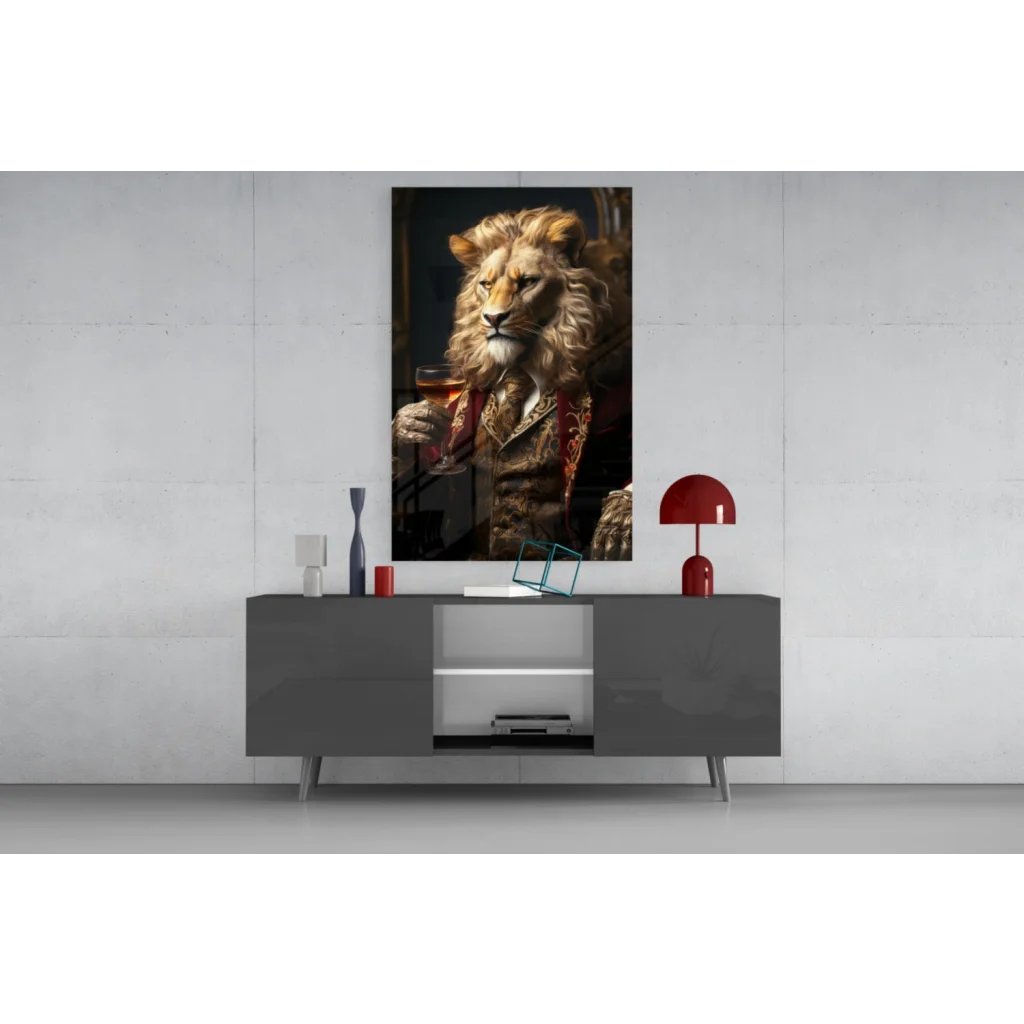 Regal lion in suit canvas wall art with wine glass portrait