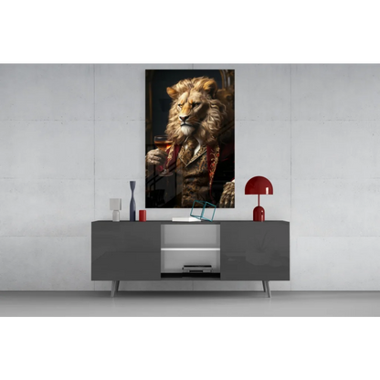 Regal lion in suit canvas wall art with wine glass portrait