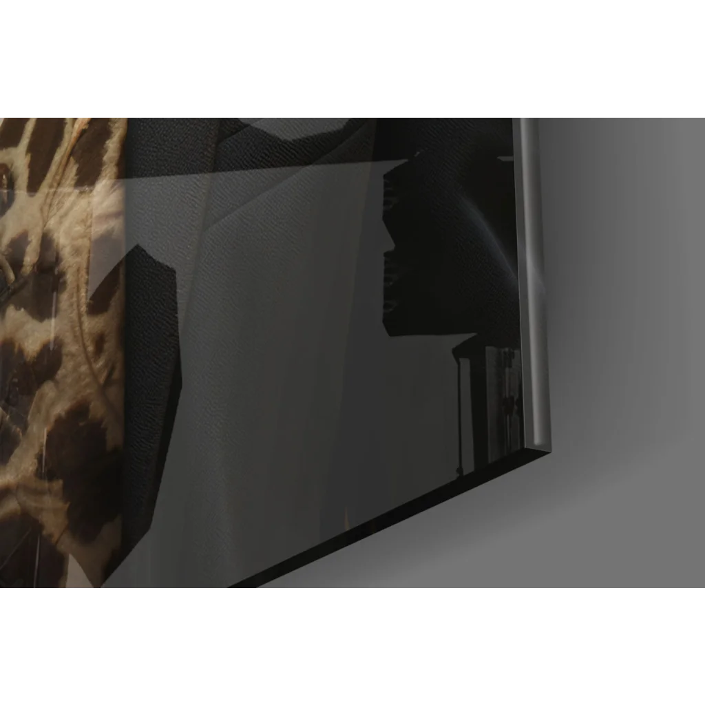 Dapper giraffe in tuxedo on glossy black-framed glass wall art