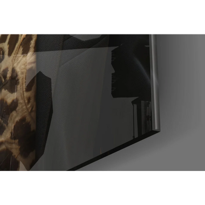 Dapper giraffe in tuxedo on glossy black-framed glass wall art