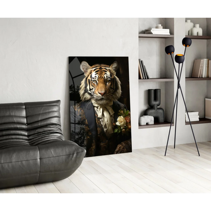 Dapper Tiger in Suit canvas wall art with roses and floral vest
