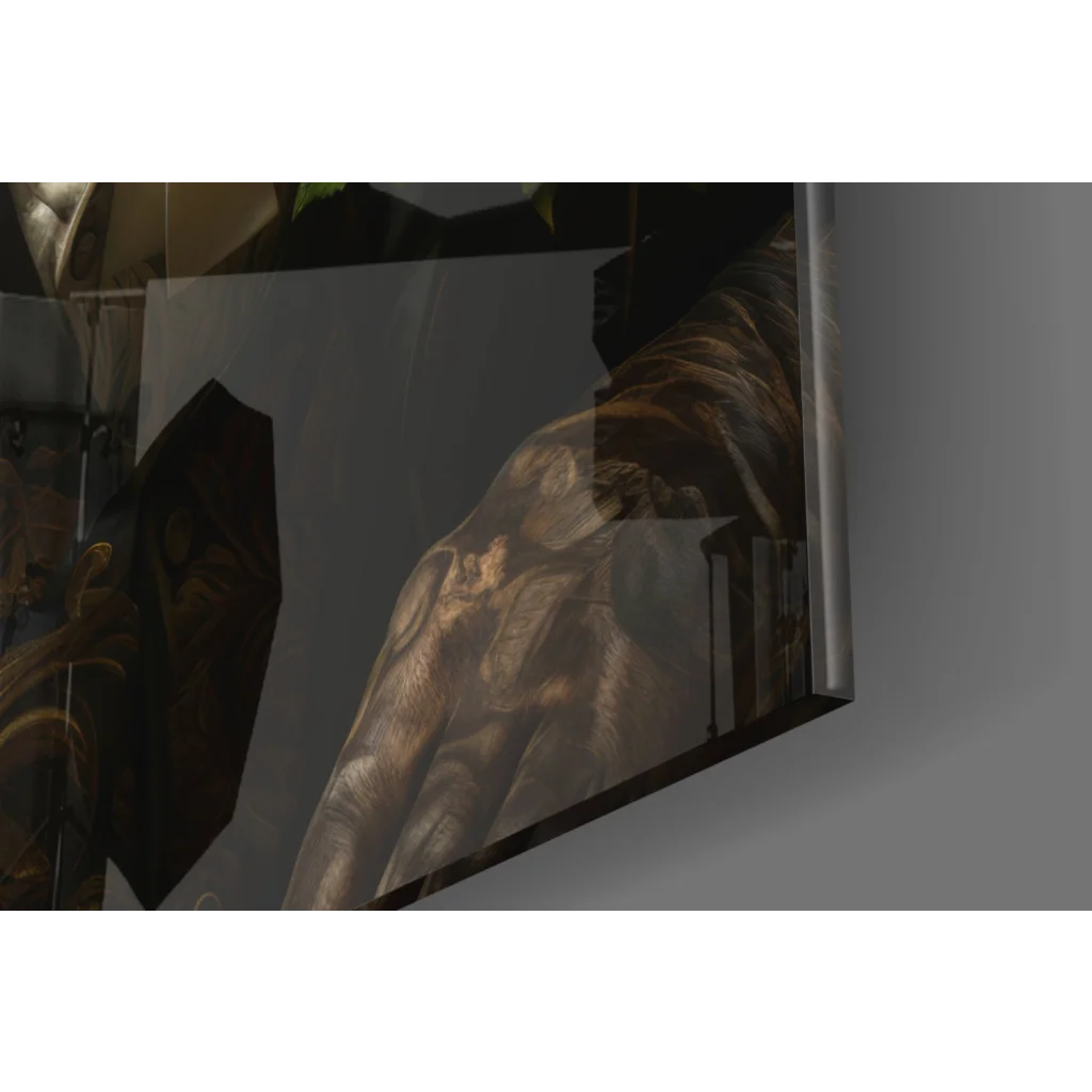 Dapper Tiger in Suit glass wall art with reflective metallic armored arm