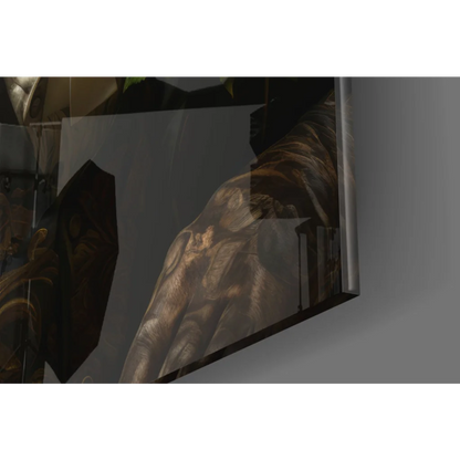 Dapper Tiger in Suit glass wall art with reflective metallic armored arm