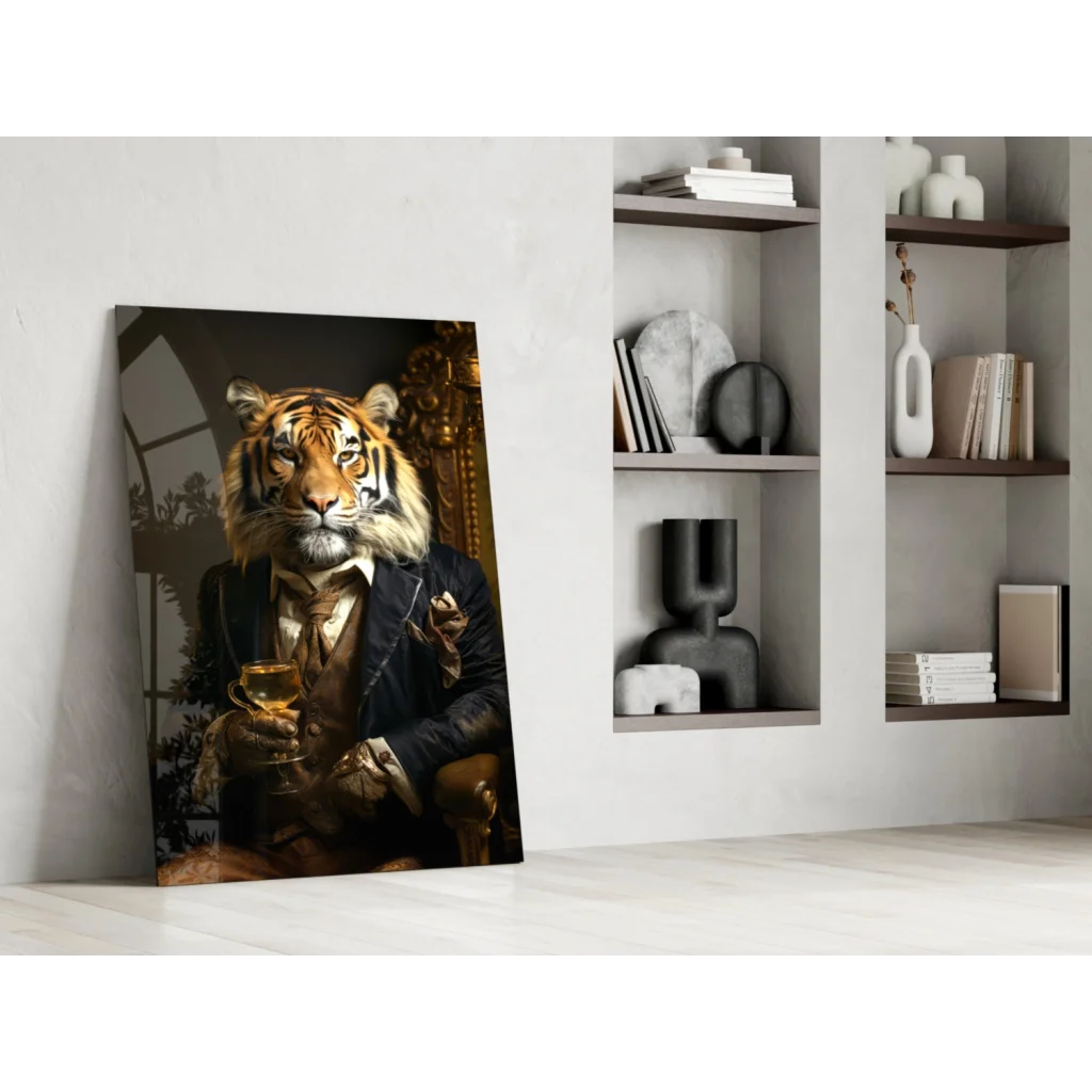 Dapper tiger in suit wall art portrait with whiskey glass