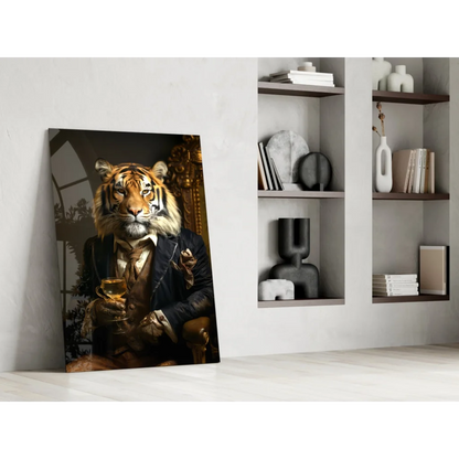 Dapper tiger in suit wall art portrait with whiskey glass