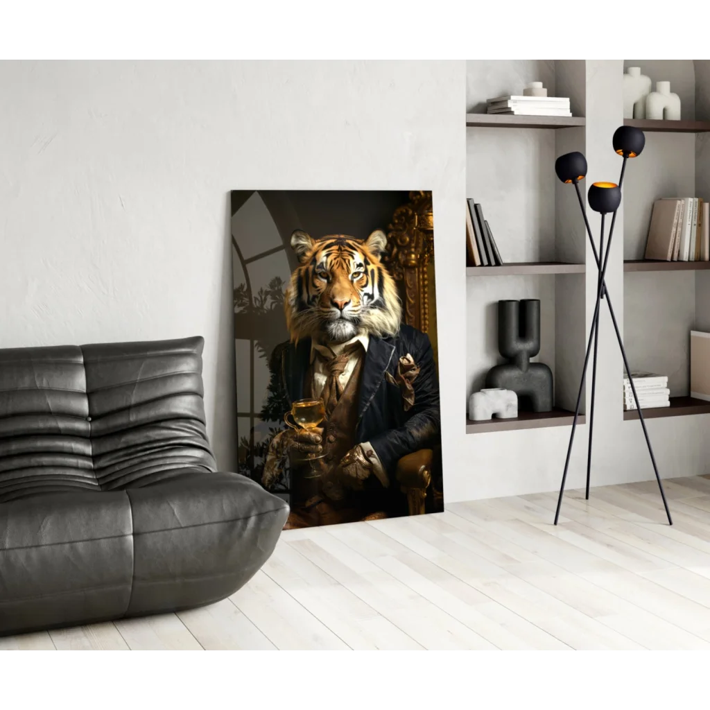Dapper tiger in suit wall art holding whiskey glass