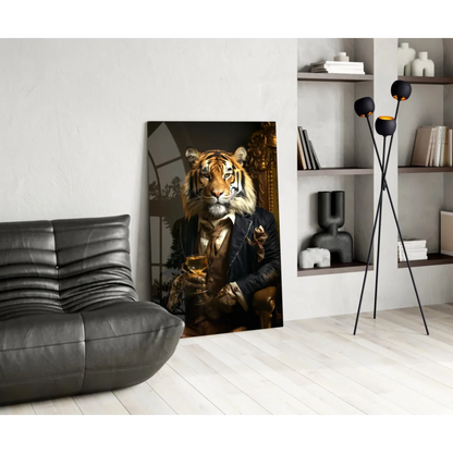 Dapper tiger in suit wall art holding whiskey glass