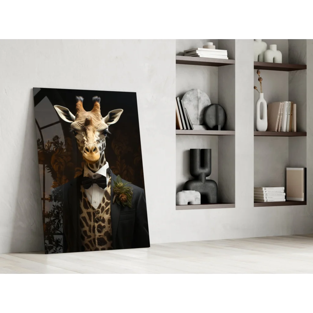 Dapper giraffe in tuxedo canvas wall art portrait