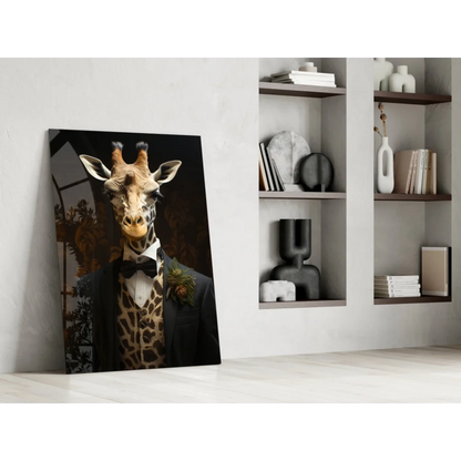Dapper giraffe in tuxedo canvas wall art portrait