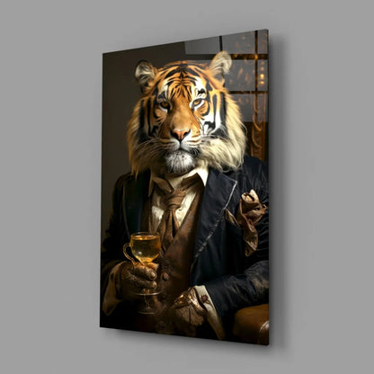 Dapper Tiger in Suit Holding Goblet Canvas Wall Art | Glass Wall Art Print | vintageantiquesgifts.com