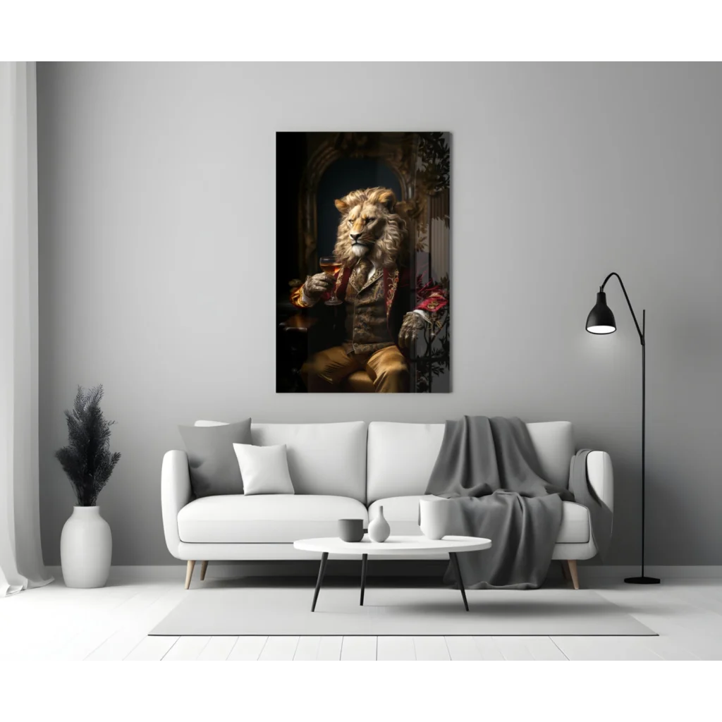 Regal Lion King Wall Art with Wine Glass Portrait Print | Modern Wall Art Decor | vintageantiquesgifts.com