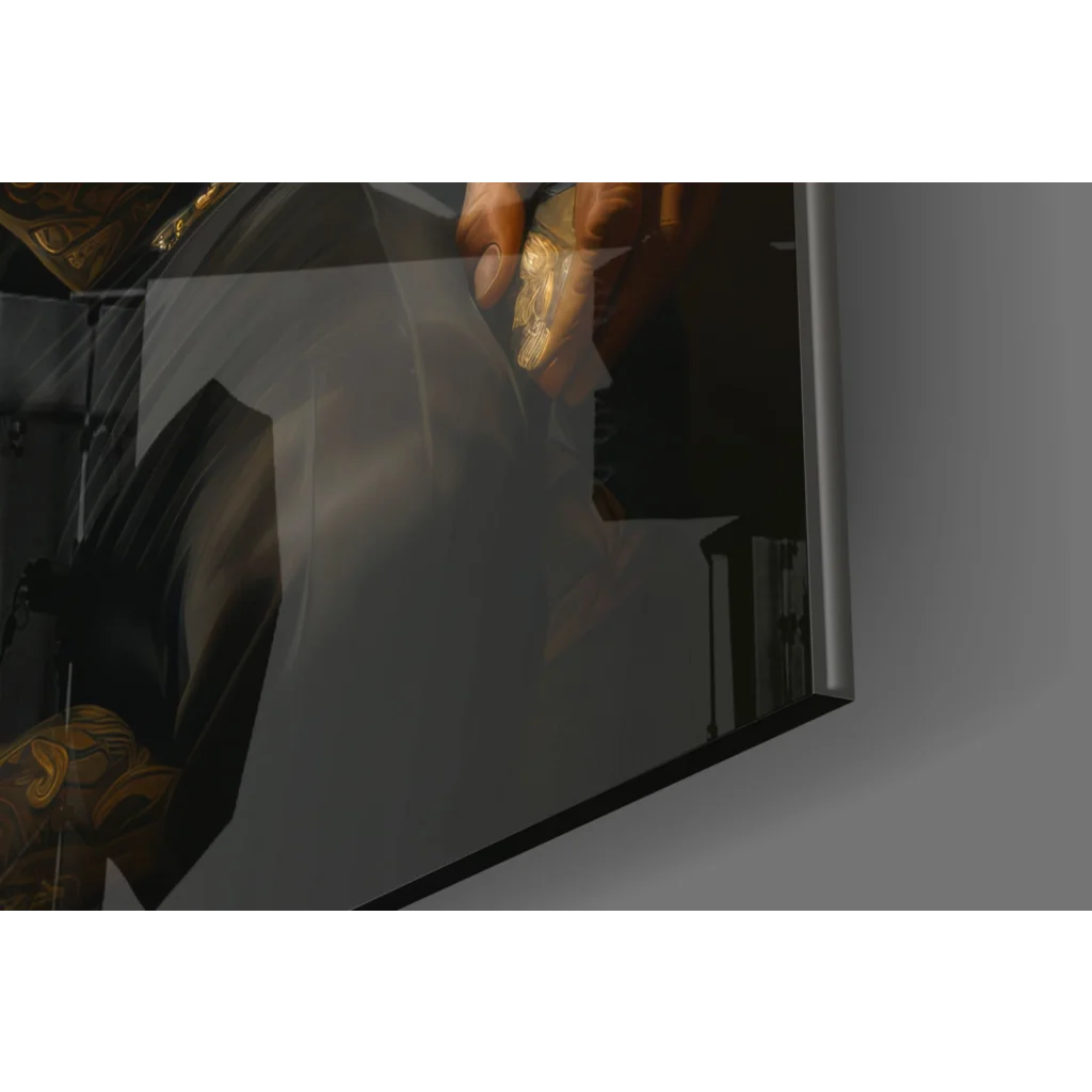 Hand holding golden coin on reflective surface in Dapper Lion glass wall art