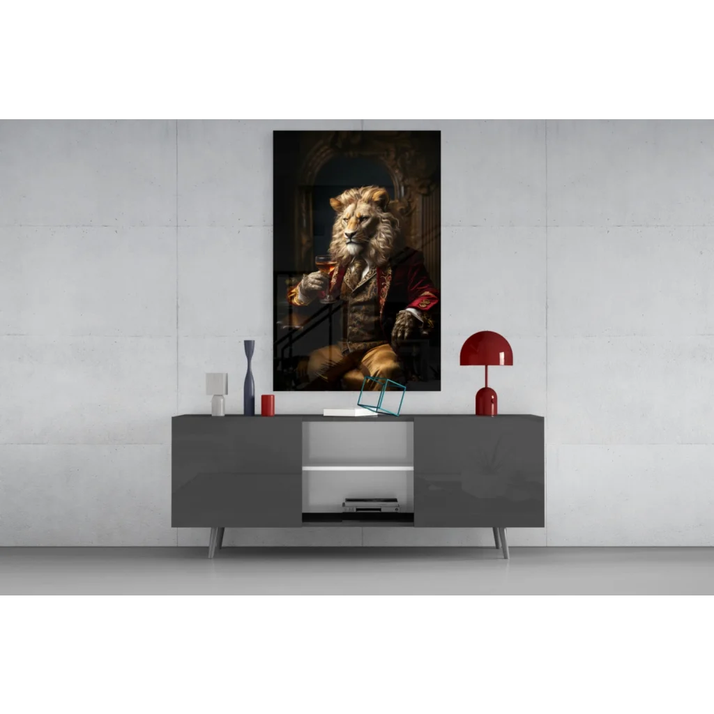 Regal lion in red velvet jacket holding wine glass wall art print