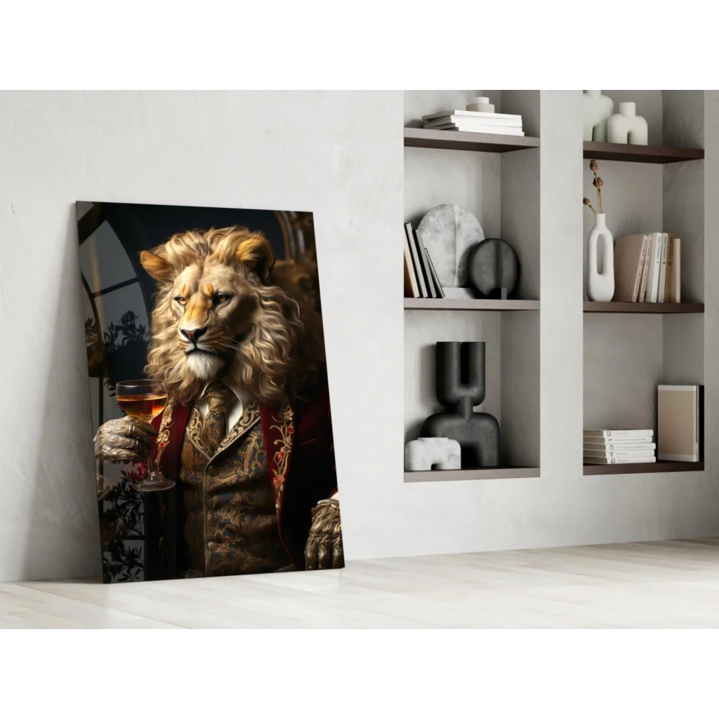 Regal lion in ornate suit holding wine glass wall art canvas print
