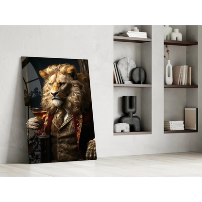 Regal lion in ornate suit holding wine glass wall art canvas print