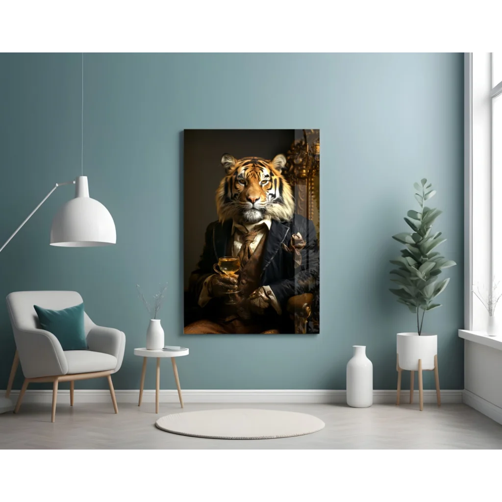Dapper tiger in suit canvas wall art holding whiskey glass