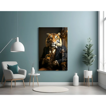 Dapper tiger in suit canvas wall art holding whiskey glass