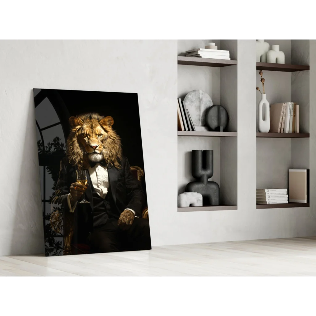 Majestic golden lion in formal attire with champagne, black glass wall art print