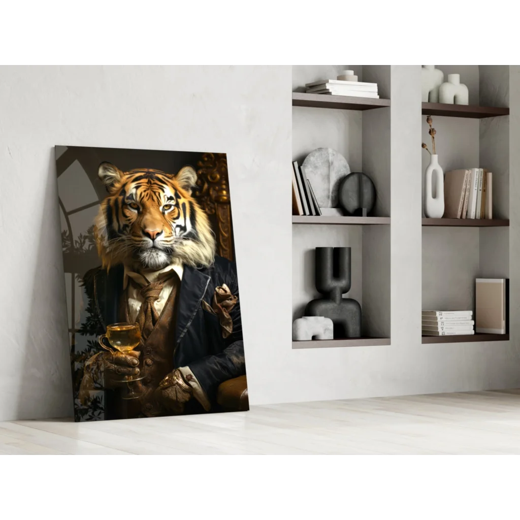 Dapper tiger in suit holding goblet canvas wall art print
