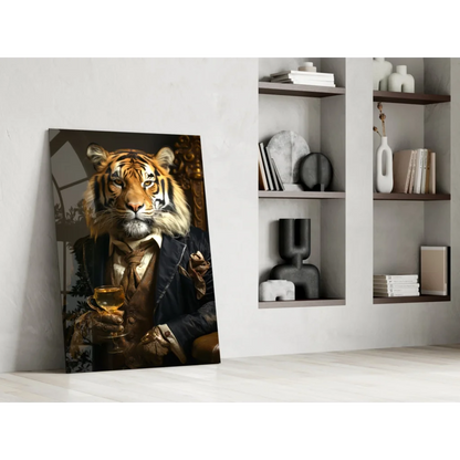 Dapper tiger in suit holding goblet canvas wall art print