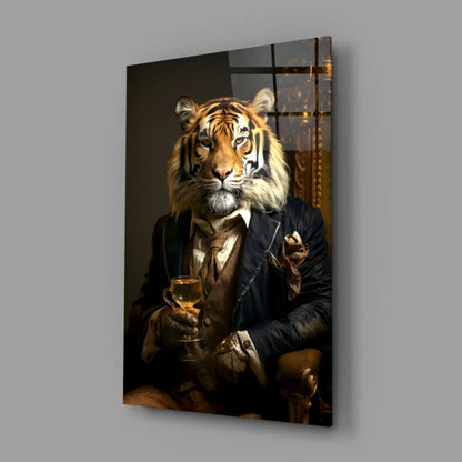 Dapper tiger in navy suit with whiskey glass wall art