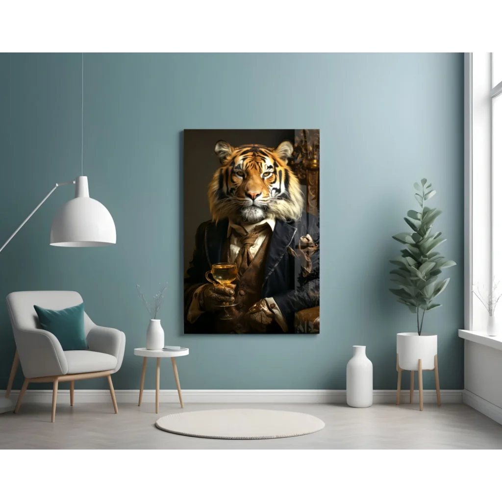 Dapper Tiger in Suit Holding Goblet Canvas Wall Art | Contemporary Home Wall Art | vintageantiquesgifts.com