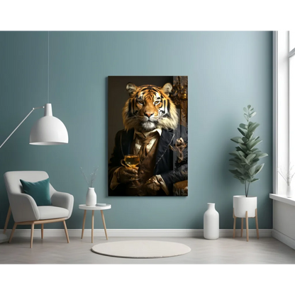 Dapper Tiger in Suit Holding Goblet Canvas Wall Art | Contemporary Home Wall Art | vintageantiquesgifts.com