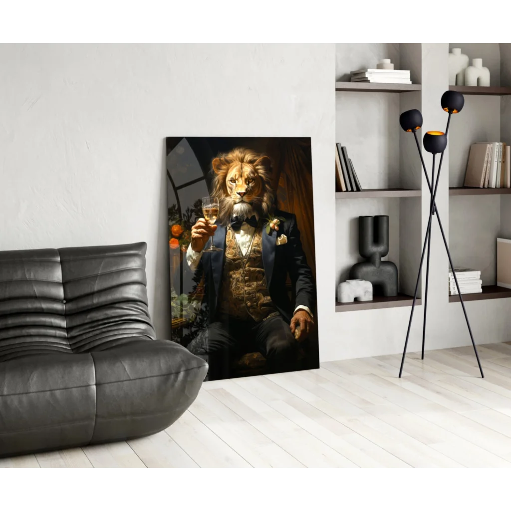 Dapper lion in navy suit with gold embroidery holding wine glass wall art