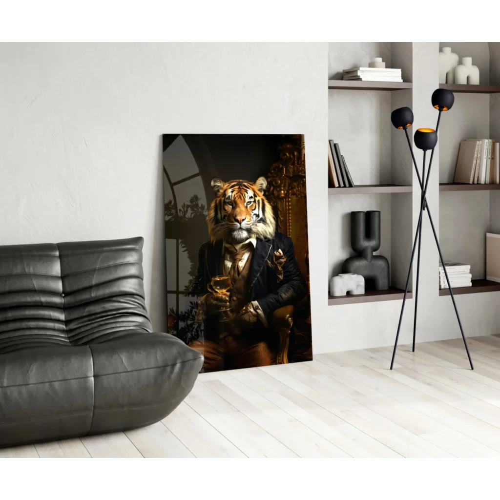 Dapper tiger in suit holding wine glass wall art canvas
