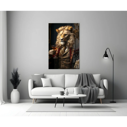 Regal Lion in Suit Canvas Wall Art with Wine Glass Portrait | Modern Wall Art Decor | vintageantiquesgifts.com