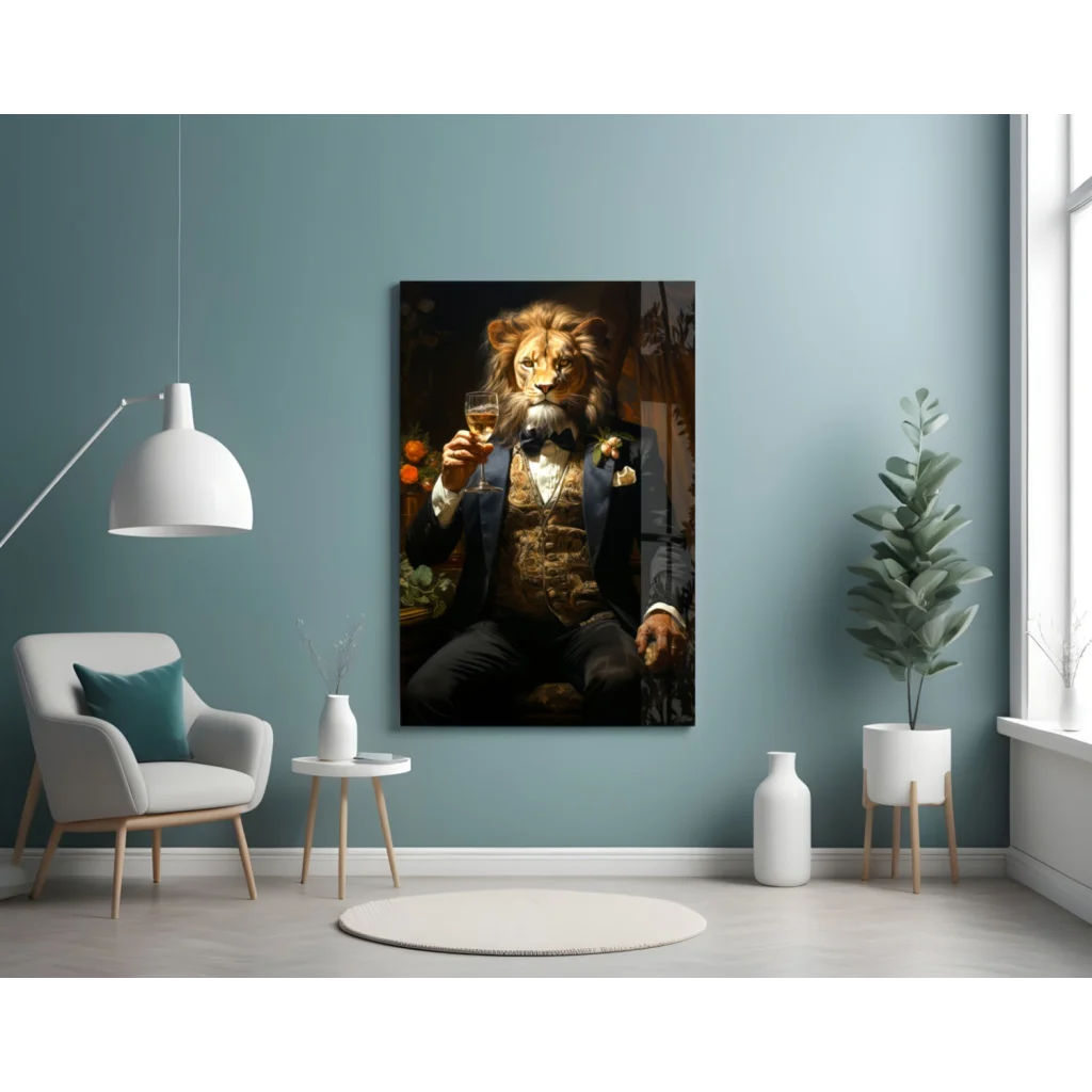 Dapper Lion in Suit Holding Glass Wall Art Canvas Print | Contemporary Home Wall Art | vintageantiquesgifts.com